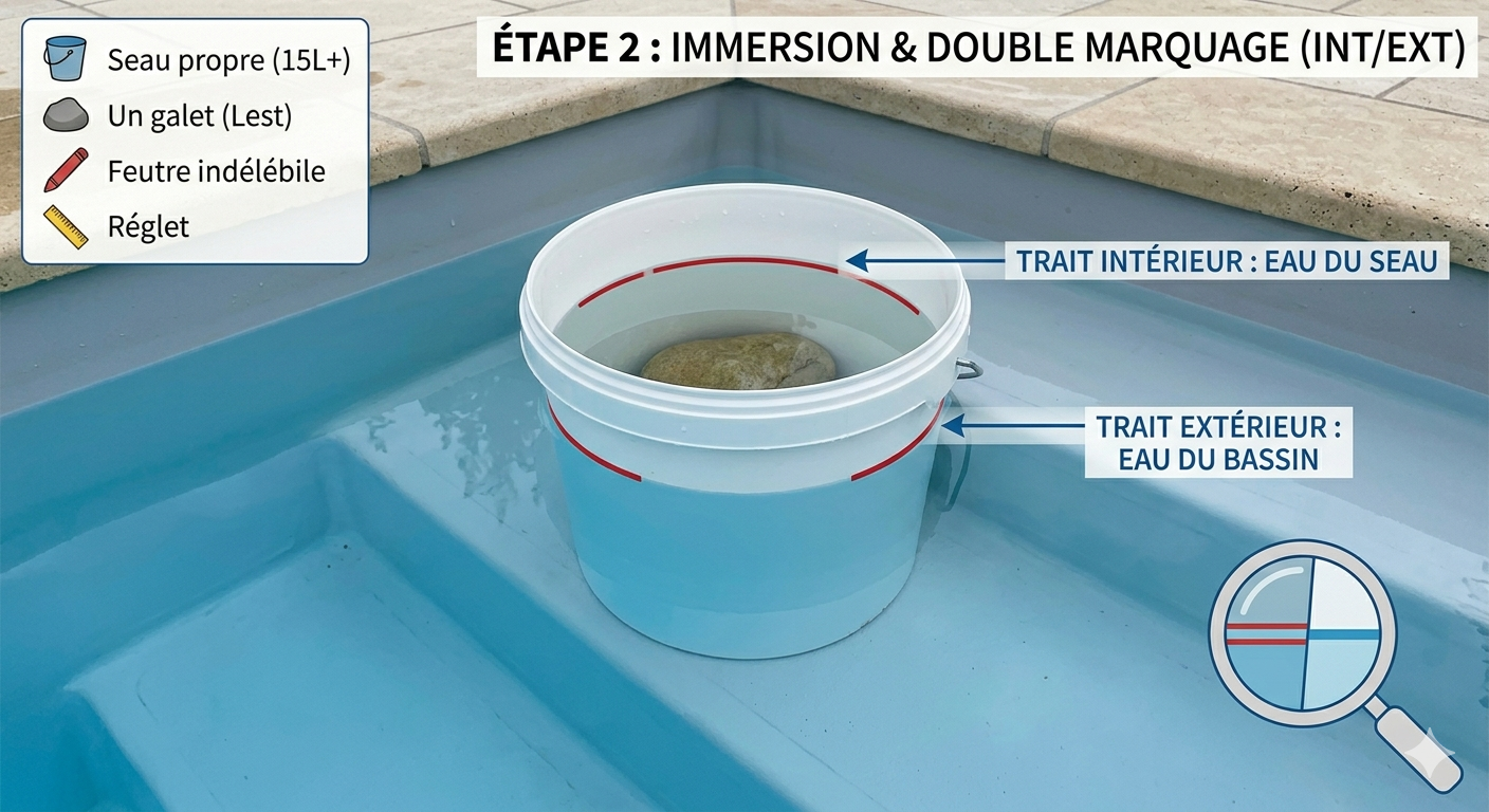 Seau en plastique immergé et marqué sur une marche